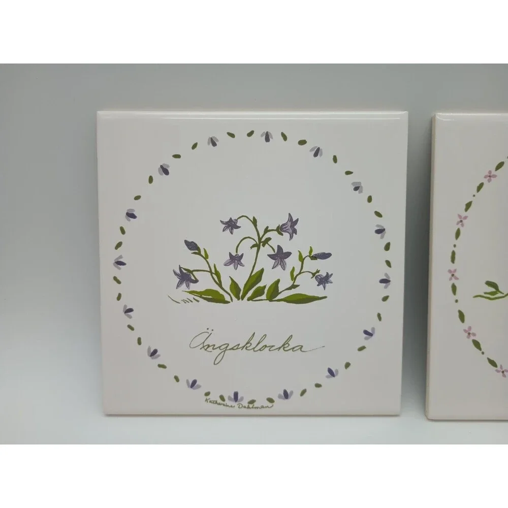 Bergquist Imports Tile Set Signed Katharine Dahlman Floral Norwegian 6